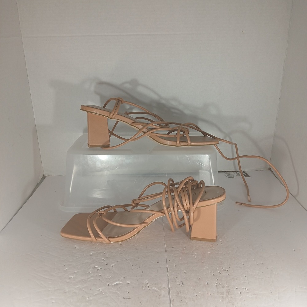Journee Collection Strappy Block Heel Sandals 12 Nude Lace Up Square Toe X1387 - Picture 2 of 8